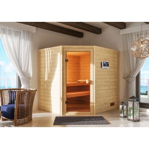 Karibu Sauna Elea Set, naturbelassen, mit Ofen und externer Steuerung. Massivholzsauna mit Eckeinstieg.