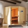 Karibu Sauna Elea Set, naturbelassen, mit Ofen und externer Steuerung. Massivholzsauna mit Eckeinstieg.