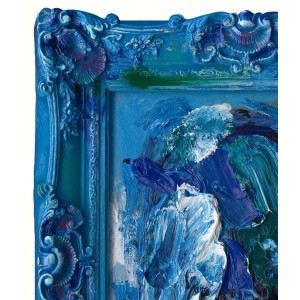 Detail des Art Universe Leinwandbilds Barock En Vogue Blau. Zeigt blaue Acrylfarben mit starker Textur und barockem Rahmen.