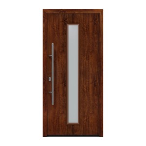 EcoStar Haustür Isopro IP 020S Dark Oak mit Glasausschnitt und Edelstahlgriff.