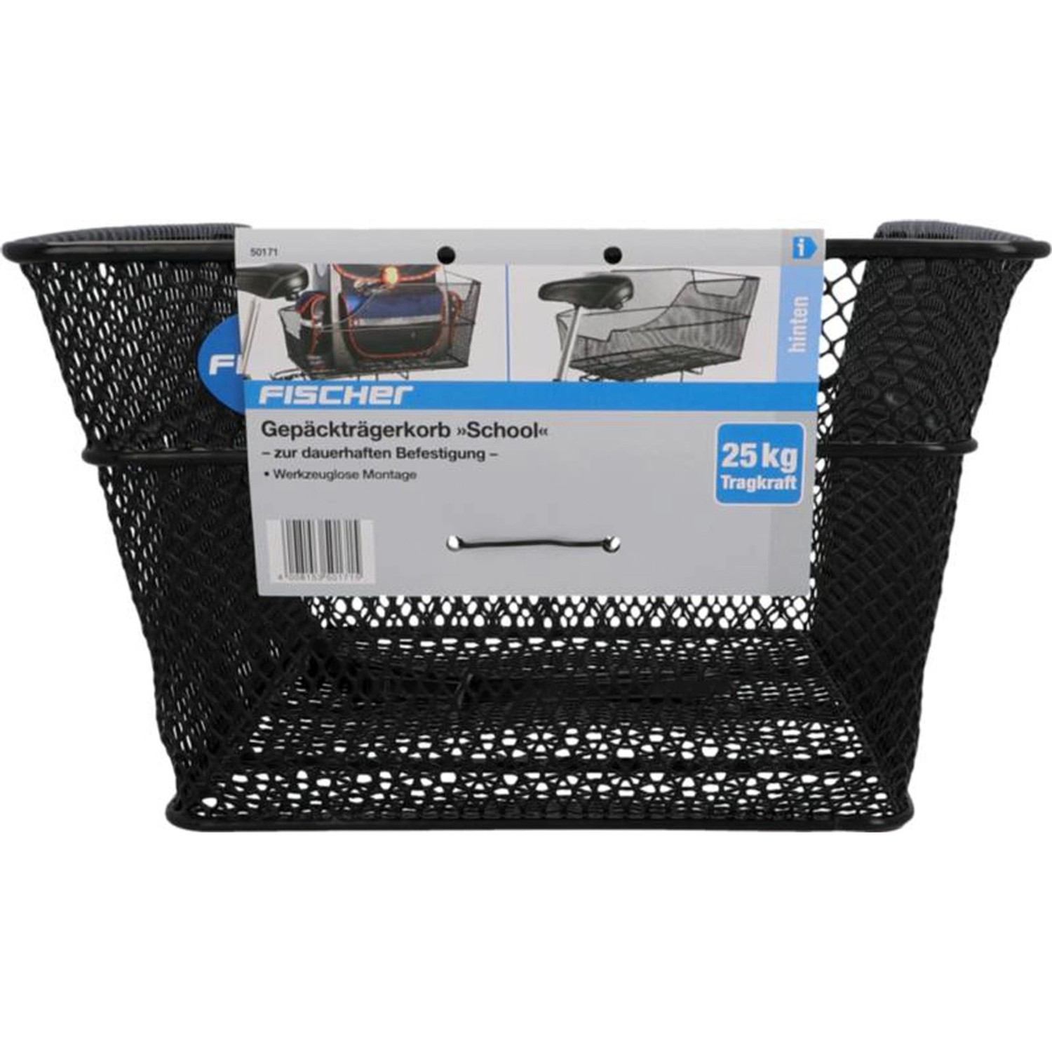 Schwarzer Fischer Fahrrad-Gepäckträgerkorb School aus Stahl, engmaschig und für E-Bikes geeignet.