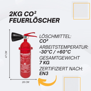 Roter Sensorit CO2 Feuerlöscher 2kg für elektrische Anlagen & EDV, EN3 zertifiziert, inkl. Wandhalterung.