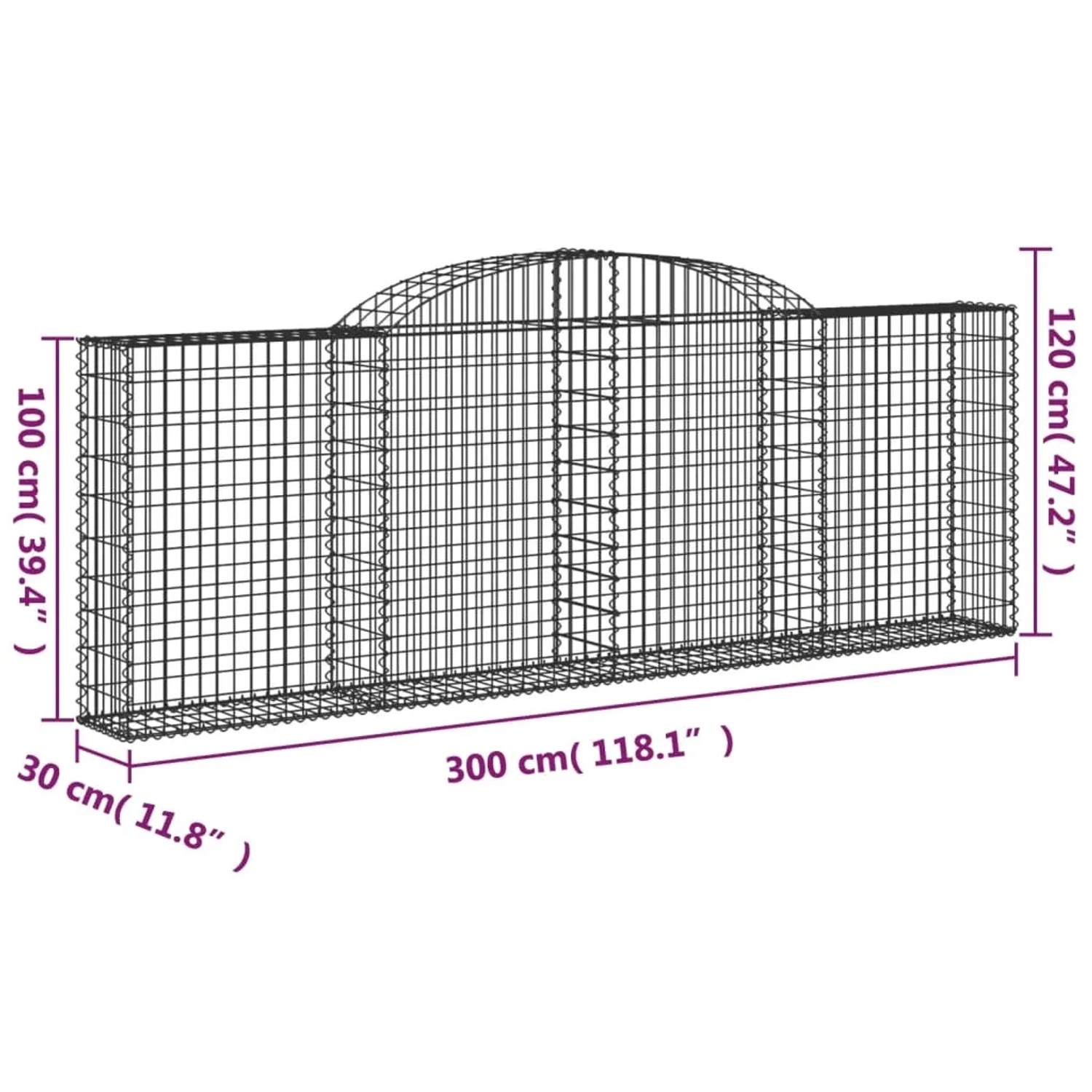 vidaXL Gabionen mit Hochbogen, 20 Stück, 300x30x100/120cm, aus verzinktem Eisen für Hochbeete.