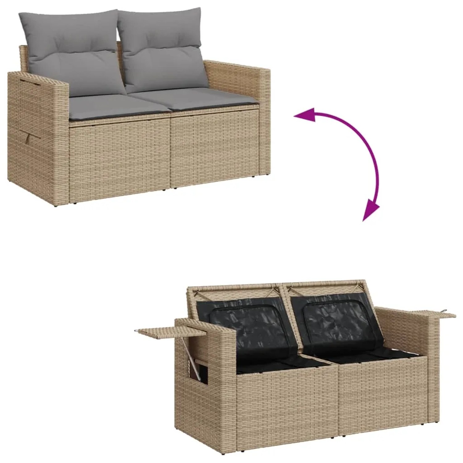 Beige 6-tlg. Garten-Sofagarnitur aus Rattan mit Kissen und Stauraum unter den Sitzen.