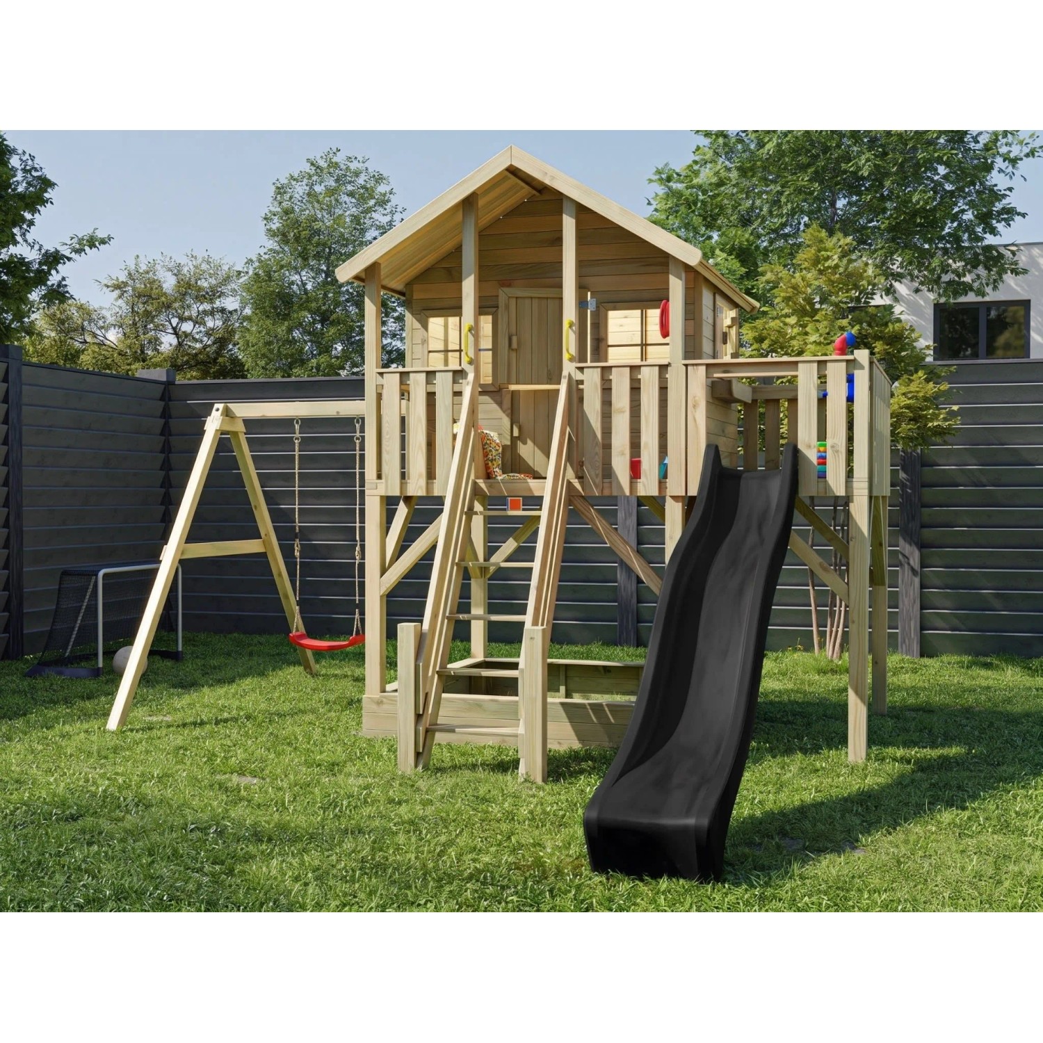 Prestige Garden Stelzenhaus Big House XL KDI Inklusive Einzelschaukel und Rutsche Grau