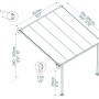Technische Zeichnung der weißen Palram Canopia Terrassenüberdachung Feria 3x3.05 mit Maßangaben.
