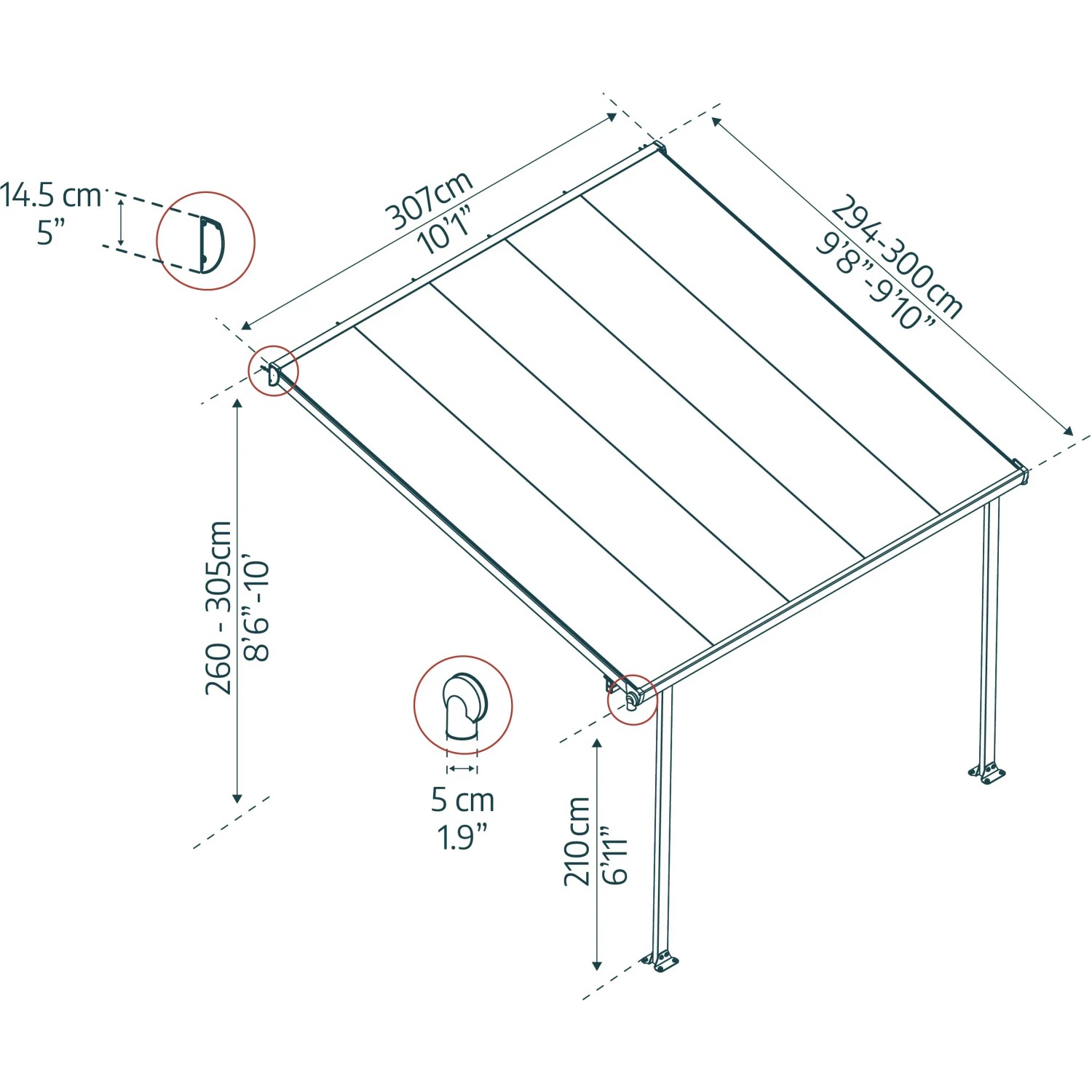 Technische Zeichnung der weißen Palram Canopia Terrassenüberdachung Feria 3x3.05 mit Maßangaben.