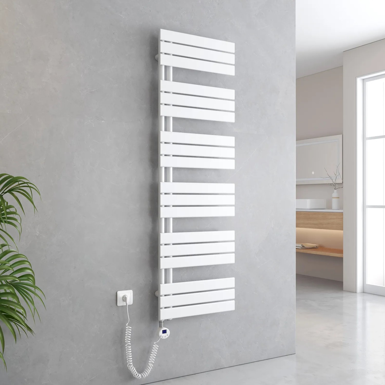 Elektrischer Emke Badheizkörper, 50x159cm, 1000W, weiß. Handtuchwärmer mit Thermostat und Timer.