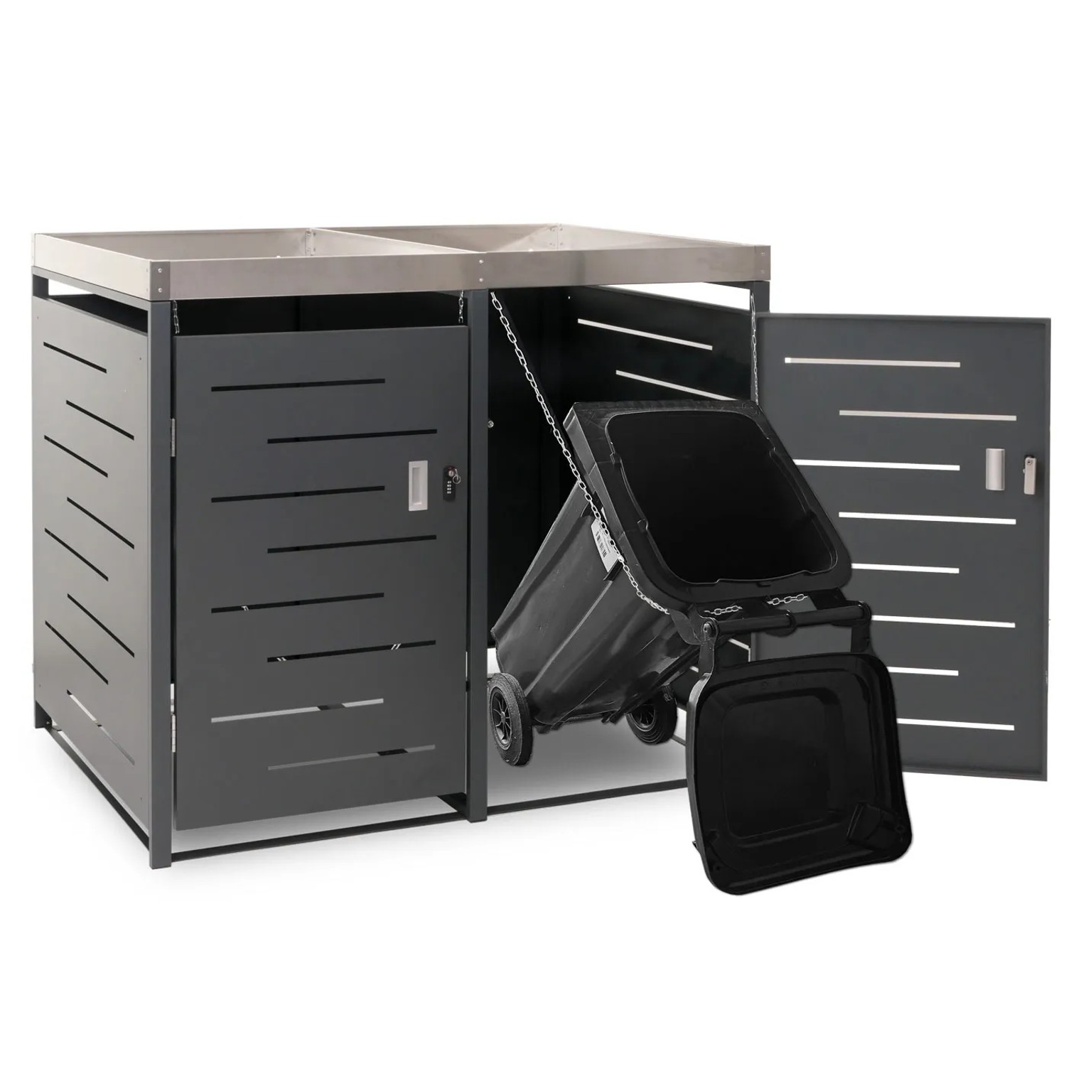 Anthrazitgraue PROREGAL Mülltonnenbox für zwei Tonnen (80-240 Liter) mit Pflanzkasten.