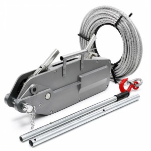 Grauer Wiltec Seilzug 3200kg mit 20m Stahlseil, rotem Lasthaken und Bedienhebel auf weißem Hintergrund.