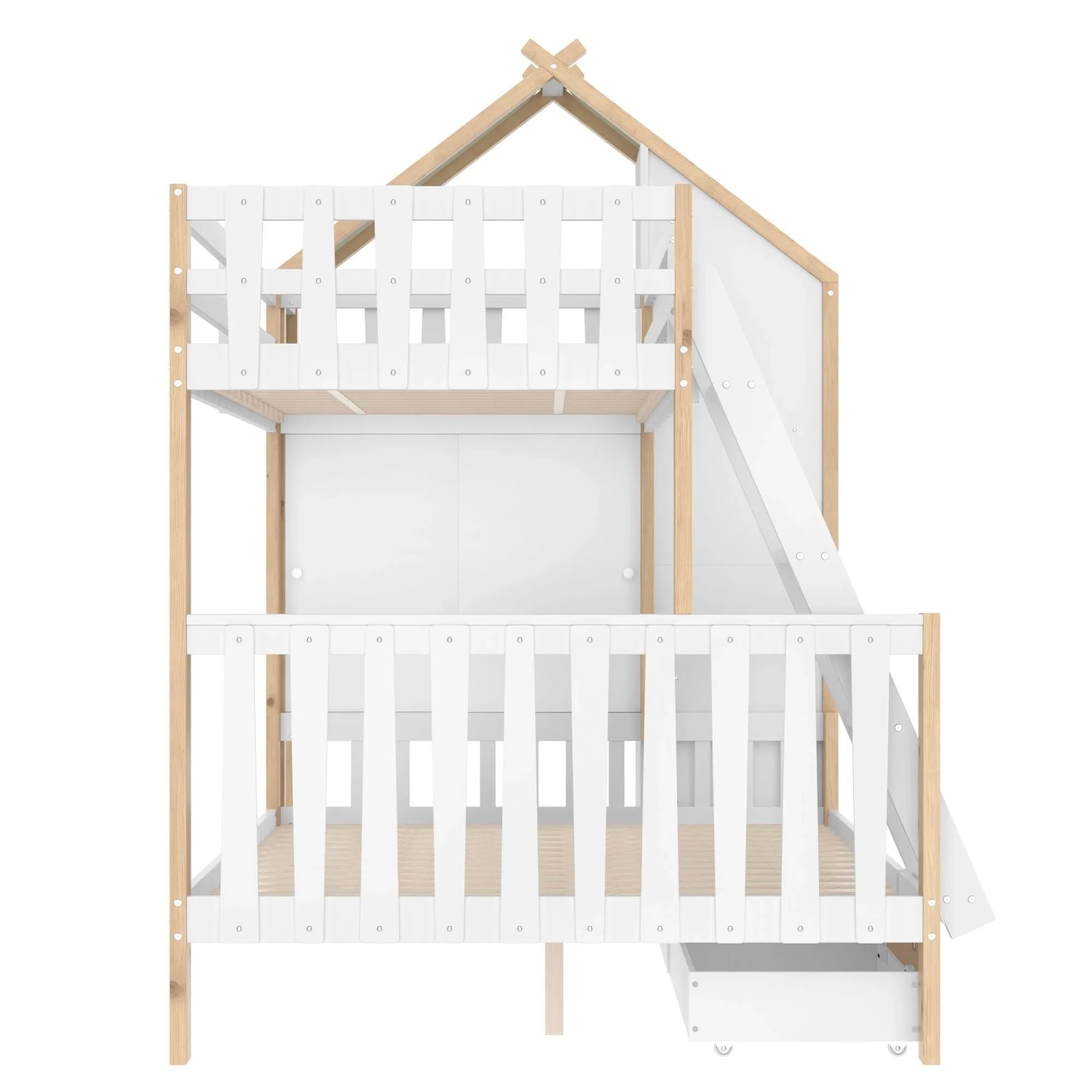 okwish Etagenbett 140x200cm mit Hausleiste und 2 Schubladen Weiß Natur ohne Matratze