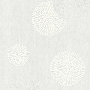 Weiße, überstreichbare Vliestapete mit grafischem Muster aus Kreisen und Punkten.