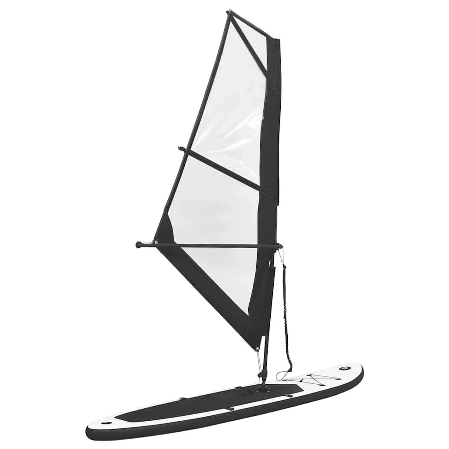 Aufblasbares SUP-Board mit Segel, schwarz-weiß, für Wassersport.
