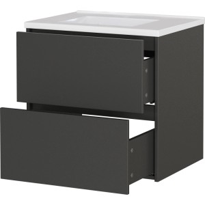 Graphitfarbener Waschtisch-Unterschrank mit weißem Becken und zwei geöffneten Schubladen. Modernes Badmöbel-Set.