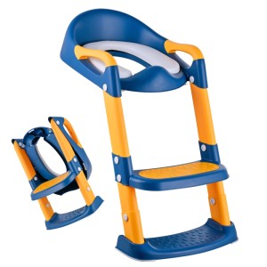 Blau-gelber Kinder-Toilettensitz aus Kunststoff mit Leiter, klappbar und höhenverstellbar. Rutschfeste Stufen.