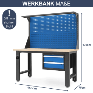DELUKE Werkbank Werkstatt ROBI 170 x 150 x 75 cm Anthrazit-Blau Platte Braun