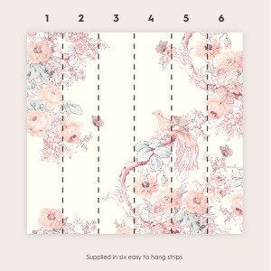 Laura Ashley Vliesfototapete Birtle mit Rosen, Mohnblumen und Vögeln auf cremefarbenem Grund.