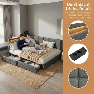 Doppelbett Jugendbett 140x200cm mit LED-Beleuchtung Ladefunktion und Ablage Grau