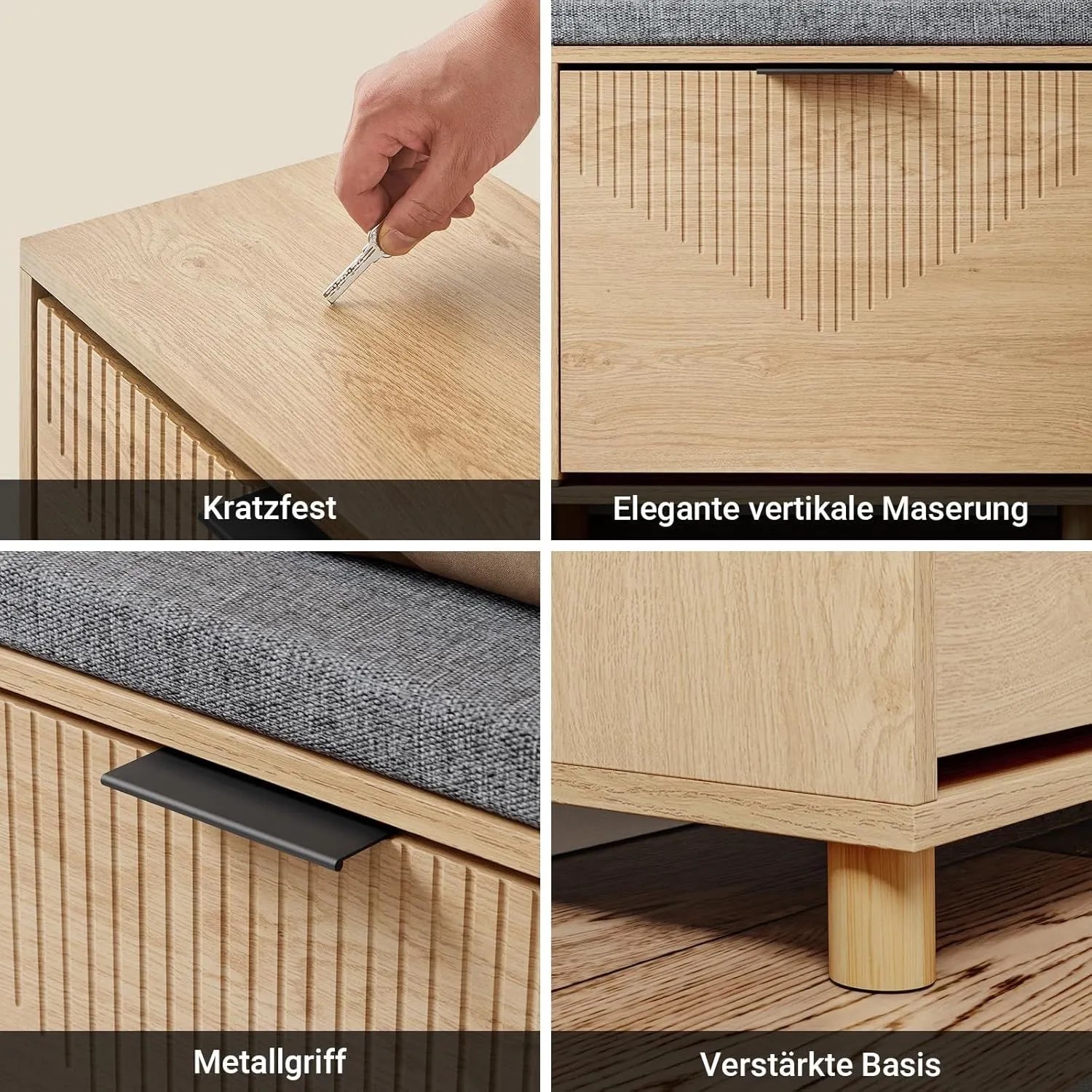 Detailansicht: SoBuy Schuhbank FSR211-N mit Sitzfläche, Holzmaserung und vertikalen Rillen.