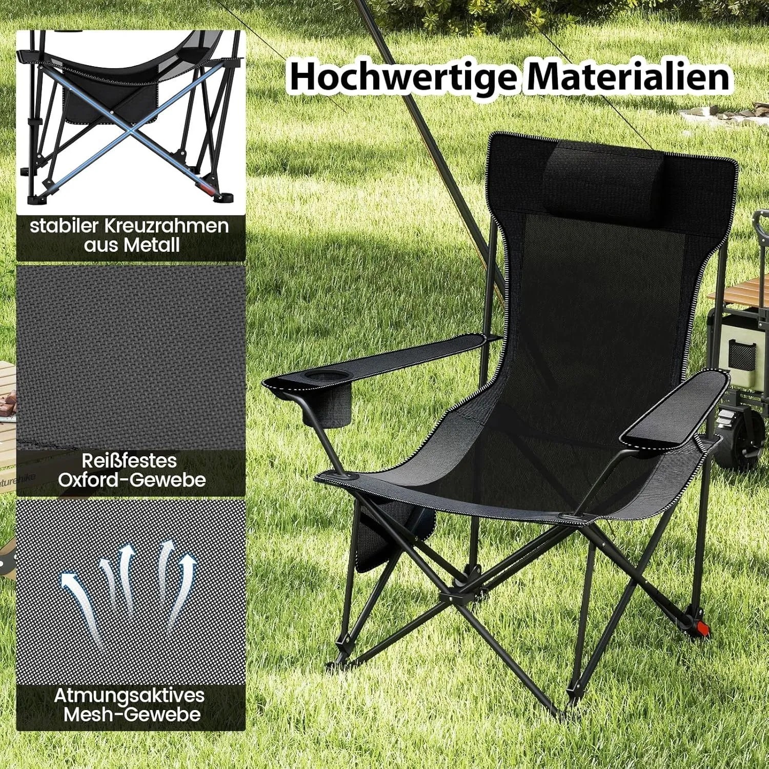 Schwarzer faltbarer Costway Campingstuhl mit Kopfstütze, Getränkehalter auf Gras. Metallrahmen, Oxford- und atmungsaktives Mesh-Gewebe.