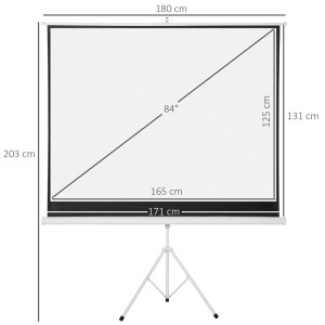 Weiße HOMCOM Beamer Leinwand (84 Zoll) mit Stativ und Maßangaben.