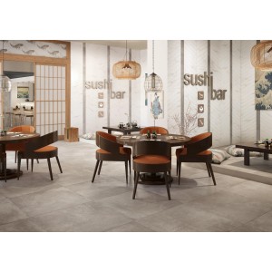Verlegtes Feinsteinzeug Vesuvio Taupe 60,5x60,5 cm im Sushi Restaurant, matte Oberfläche.
