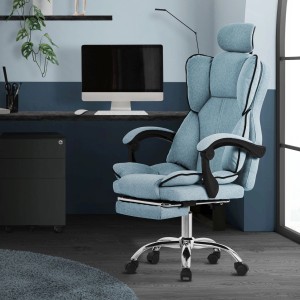 Ergonomischer, blauer ML-Design Bürostuhl mit verstellbarer Rückenlehne und Beinauflage.