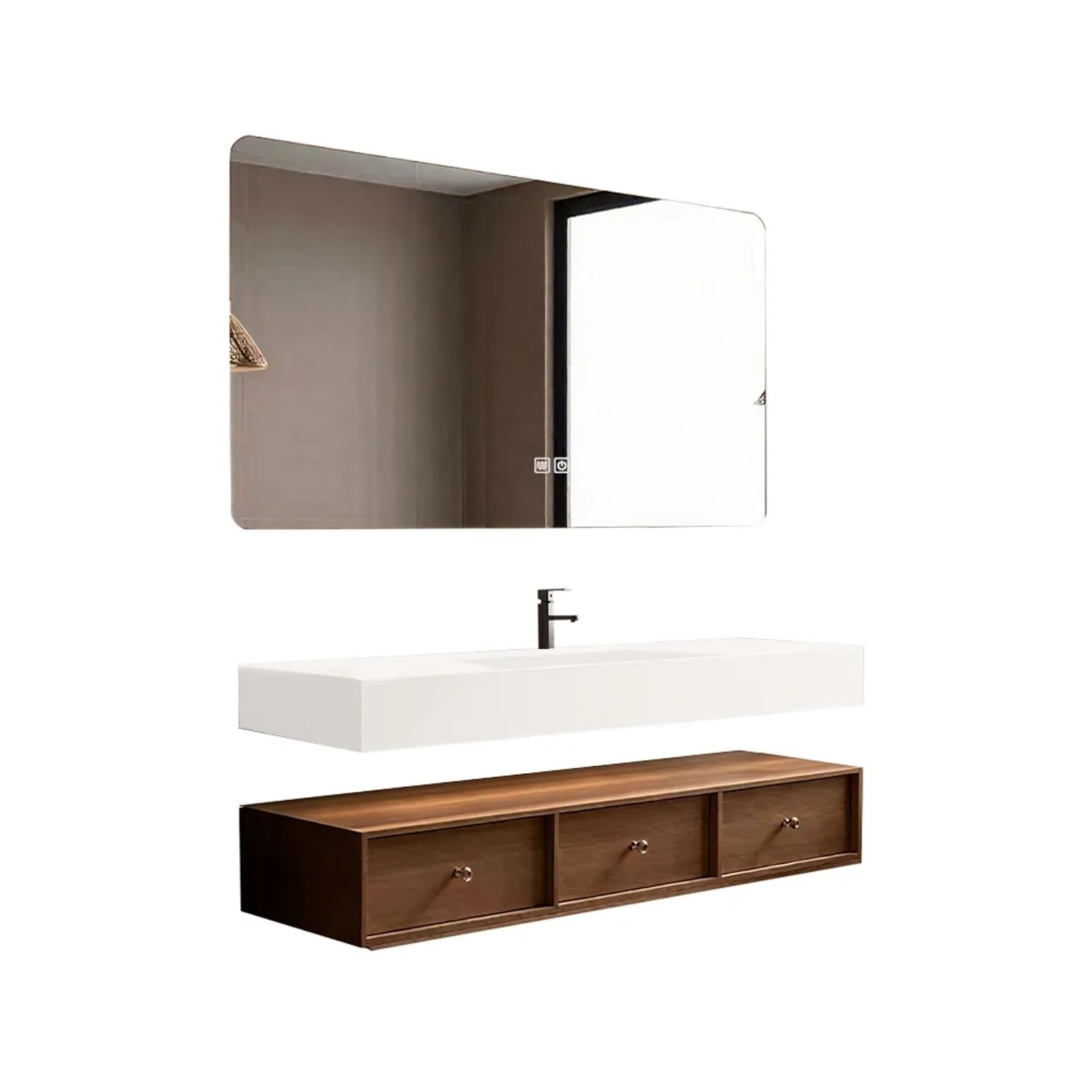 360Home Elegantes Badezimmer Set Sinterstein Waschbecken Mit Braunem Schrank LED Antibeschlagspiegel 3 Geräumige Schubladen 100 CM YTC805100