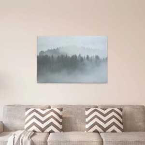 Leinwandbild mit Wald im Nebel, Tannen in Grau und Grün. Wanddekoration für Wohn- und Schlafzimmer.
