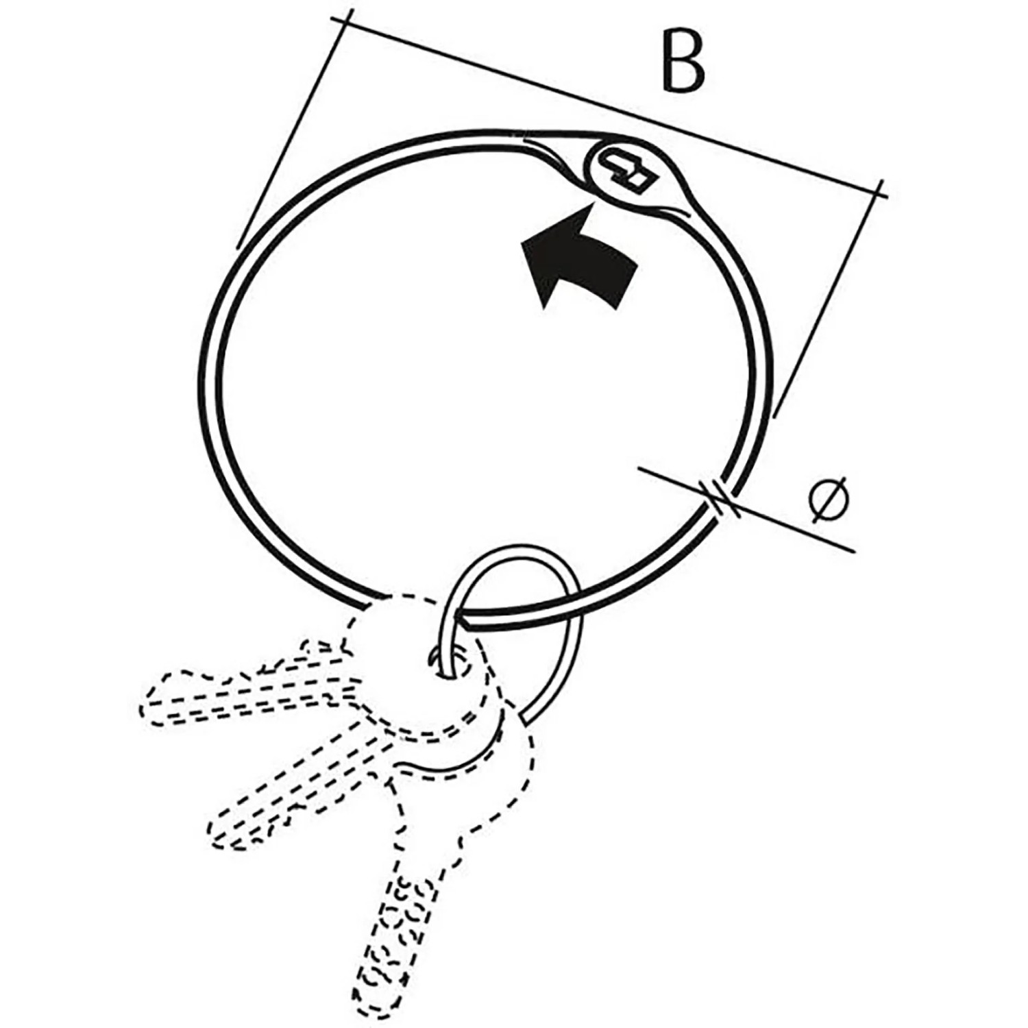 Technische Zeichnung Conacord Warenring aus Stahl, Ø 3 mm Drahtstärke, mit Schlüsseln. Zeigt Maße und Öffnung.