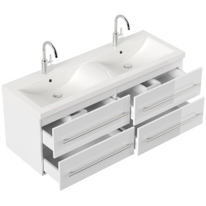 Posseik Badmöbel Aurelion XL, weiß hochglanz, mit Doppelwaschbecken und offenen Schubladen.