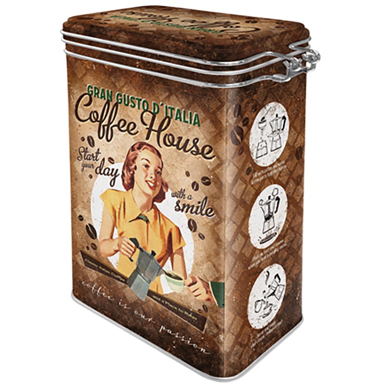 Nostalgische Vorratsdose Coffee House für Küche, mit Retro-Motiv und Bügelverschluss.
