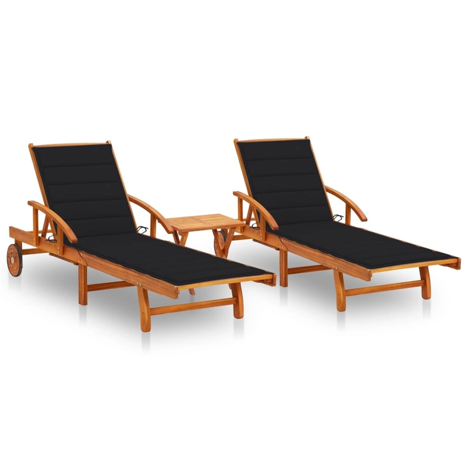 vidaXL Sonnenliegen 2 Stk. mit Tisch und Auflagen Massivholz Akazie Polsterfarbe  Schwarz