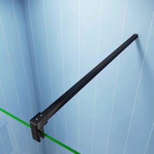 Schwarzes Duschparadies Wandprofil mit Stabilisierungsstange für Walk-in Dusche und Glas Seitenwand.