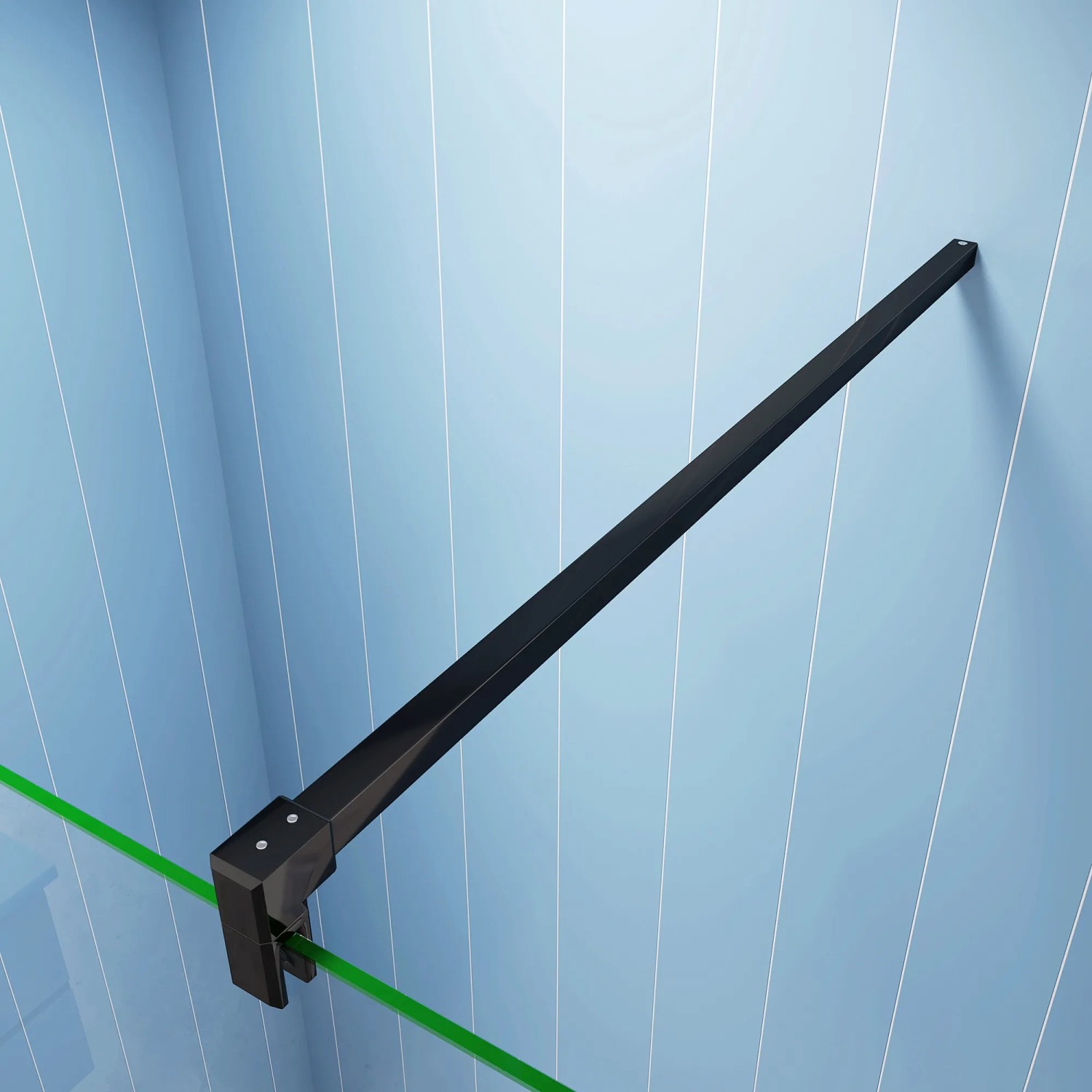 Schwarzes Duschparadies Wandprofil mit Stabilisierungsstange für Walk-in Dusche und Glas Seitenwand.
