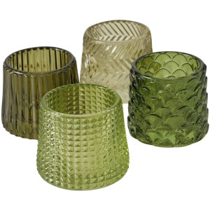 Boltze Teelichthalter Sabena, 4-fach sortiert in Grün- und Gelbtönen, Glas, Weihnachtsdeko.