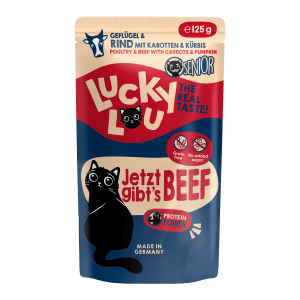 Lucky Lou Katzen-Nassfutter Senior Geflügel & Rind, 125g. Alleinfutter für ältere Katzen.