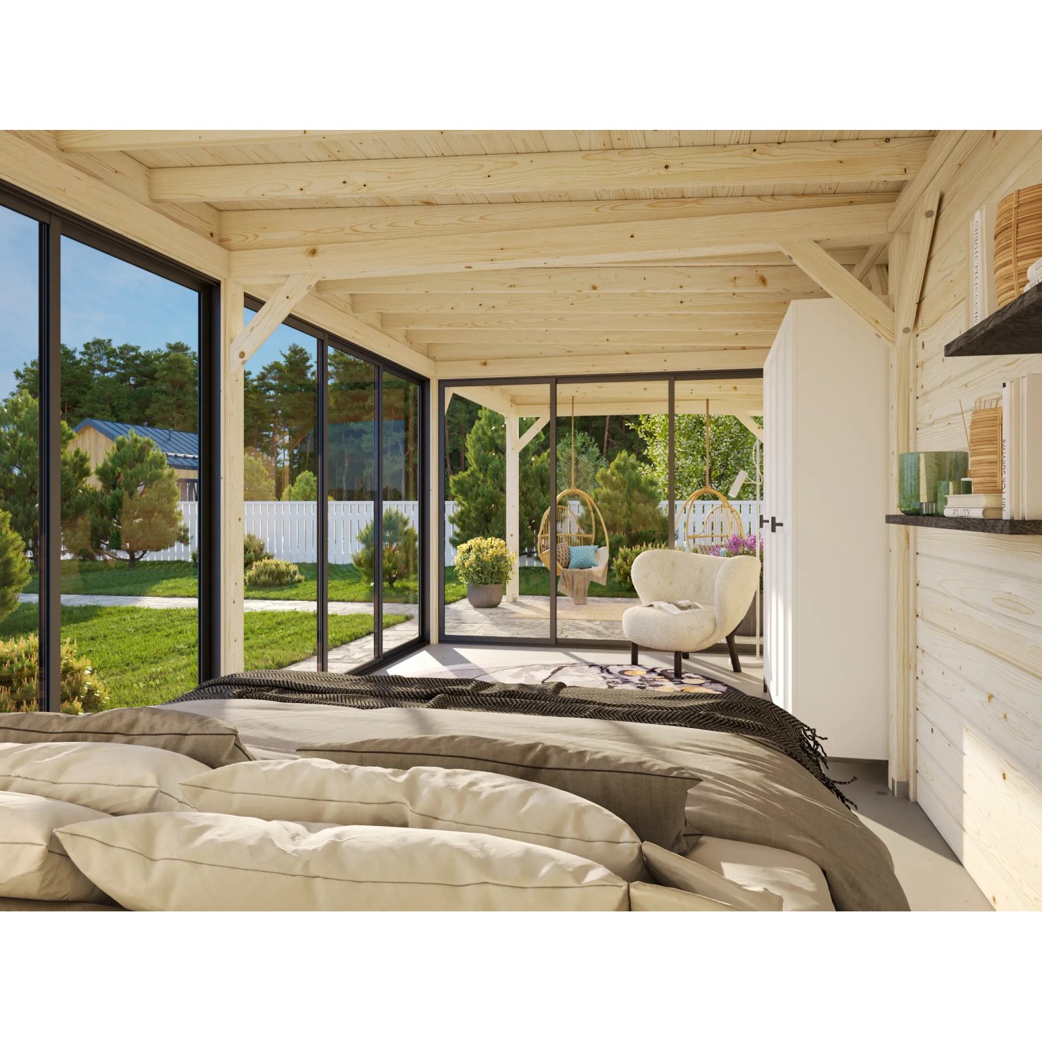 Palmako Pavillon Lenna Set, 876x300 cm, weiß lackiert. Weekendhaus mit Schiebetüren und Fichtenholz.