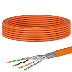 Orangefarbenes CAT 7 Netzwerkkabel, 10m, S/FTP, max. 1000 MHz, für Netzwerktechnik.
