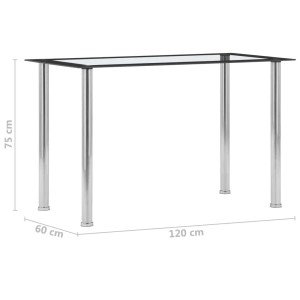 Moderner Esstisch vidaXL mit Glasplatte und Edelstahlgestell, schwarz/transparent, 120x60x75 cm.