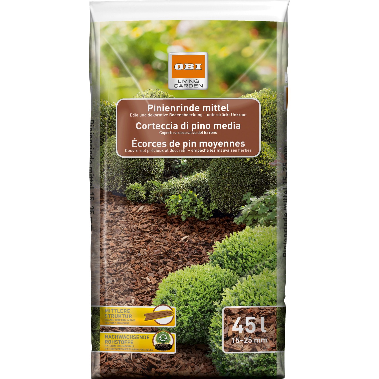 OBI Pinienrinde Mittel, 2.295 l (51 x 45 l) Palette zur Beetabdeckung und Unkrautunterdrückung.
