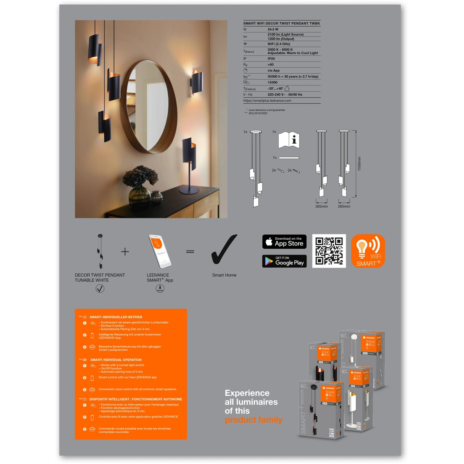 Produktbild der Ledvance Smart+ WiFi Pendelleuchte Decor Twist Hängend Schwarz 150 cm.