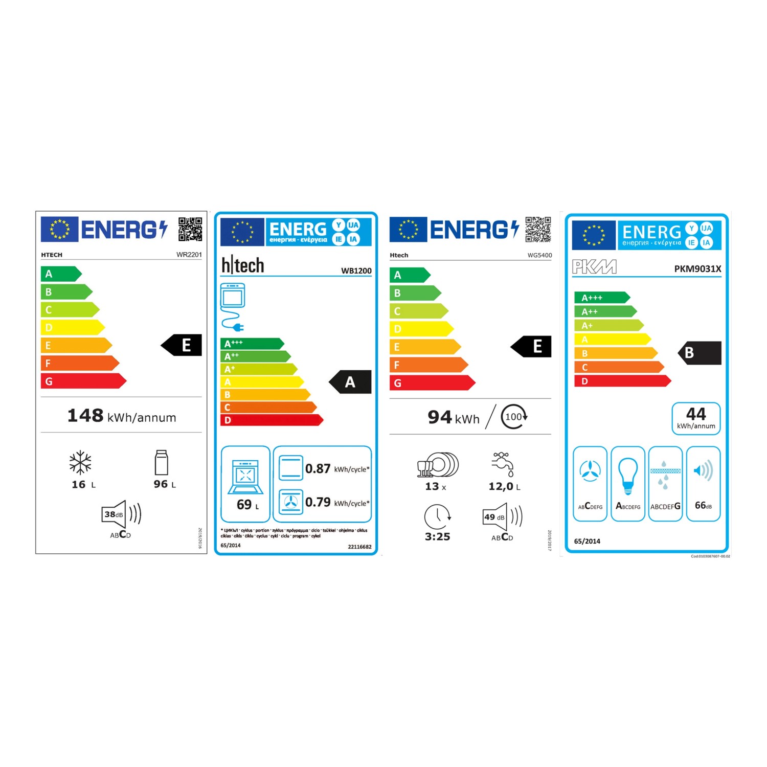 Energieeffizienzlabel für Kühlschrank, Geschirrspüler, Backofen und Dunstabzugshaube.