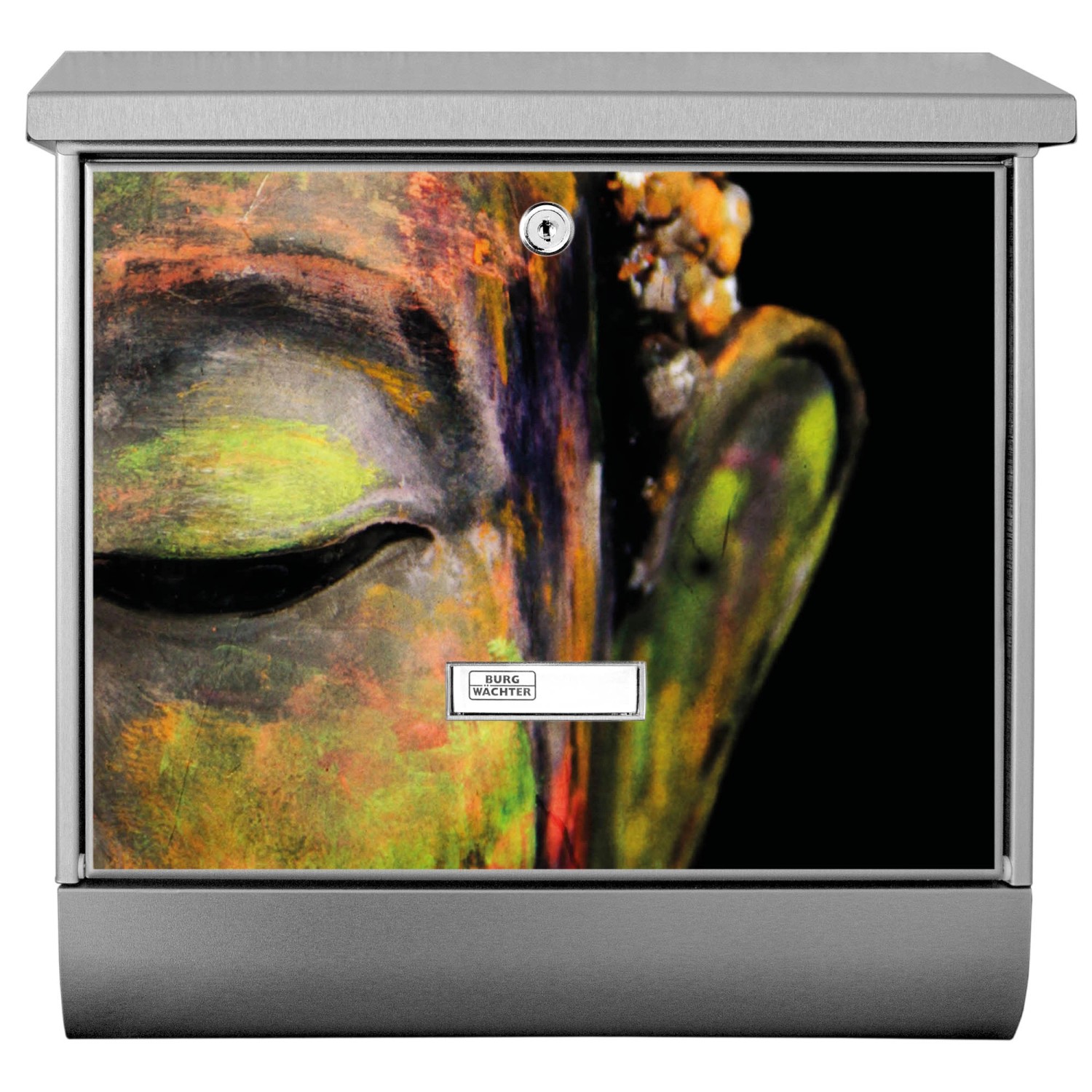 Banjado Edelstahl Briefkasten mit Zeitungsfach, Motiv Bunter Buddha, 38x39x12cm.