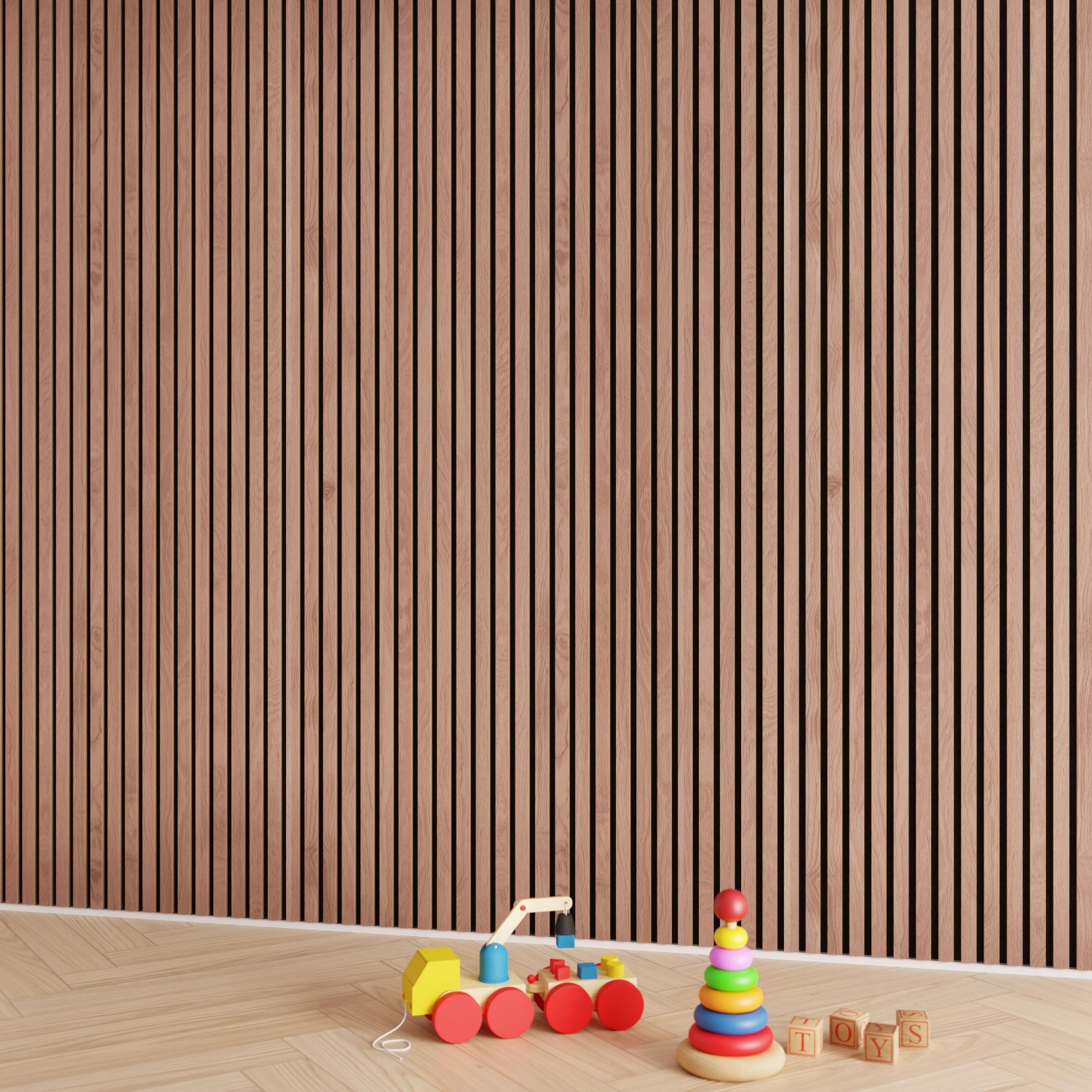 Akustikpaneel Wandverkleidung Walnuss Natur auf Schwarz, Holzpaneel mit Spielzeug