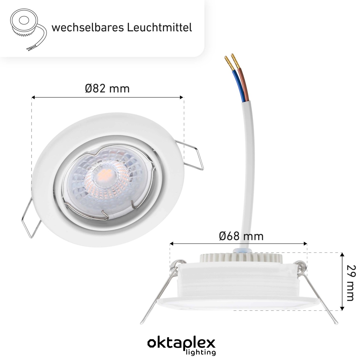 Oktaplex Dijon LED Deckeneinbaustrahler 3er Set, dimmbar, warmweiß, weiß, schwenkbar, Detailansicht mit Maßen.