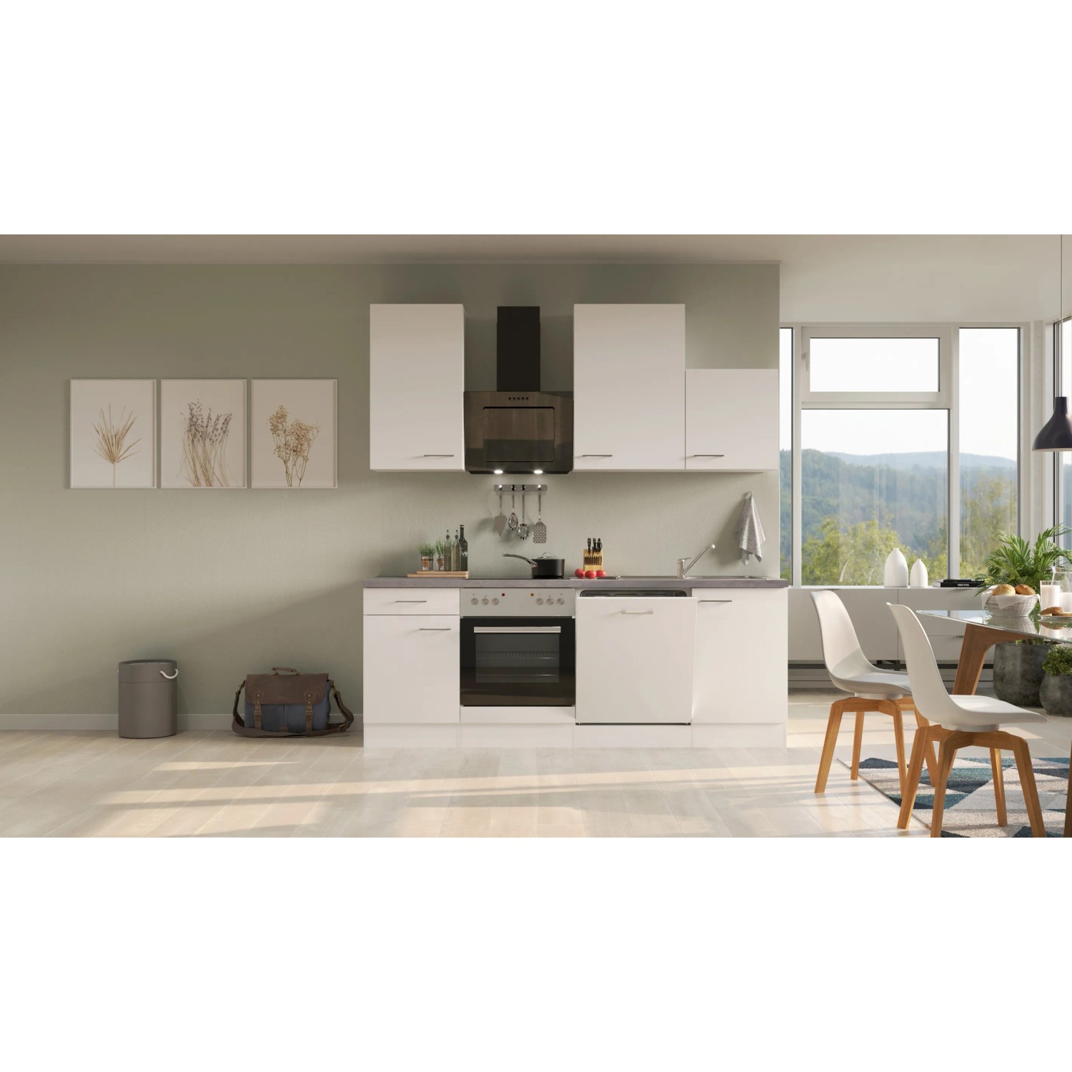 Moderne Flex-Well Küchenzeile Joelina in Weiß matt und Beton Grau mit E-Geräten.