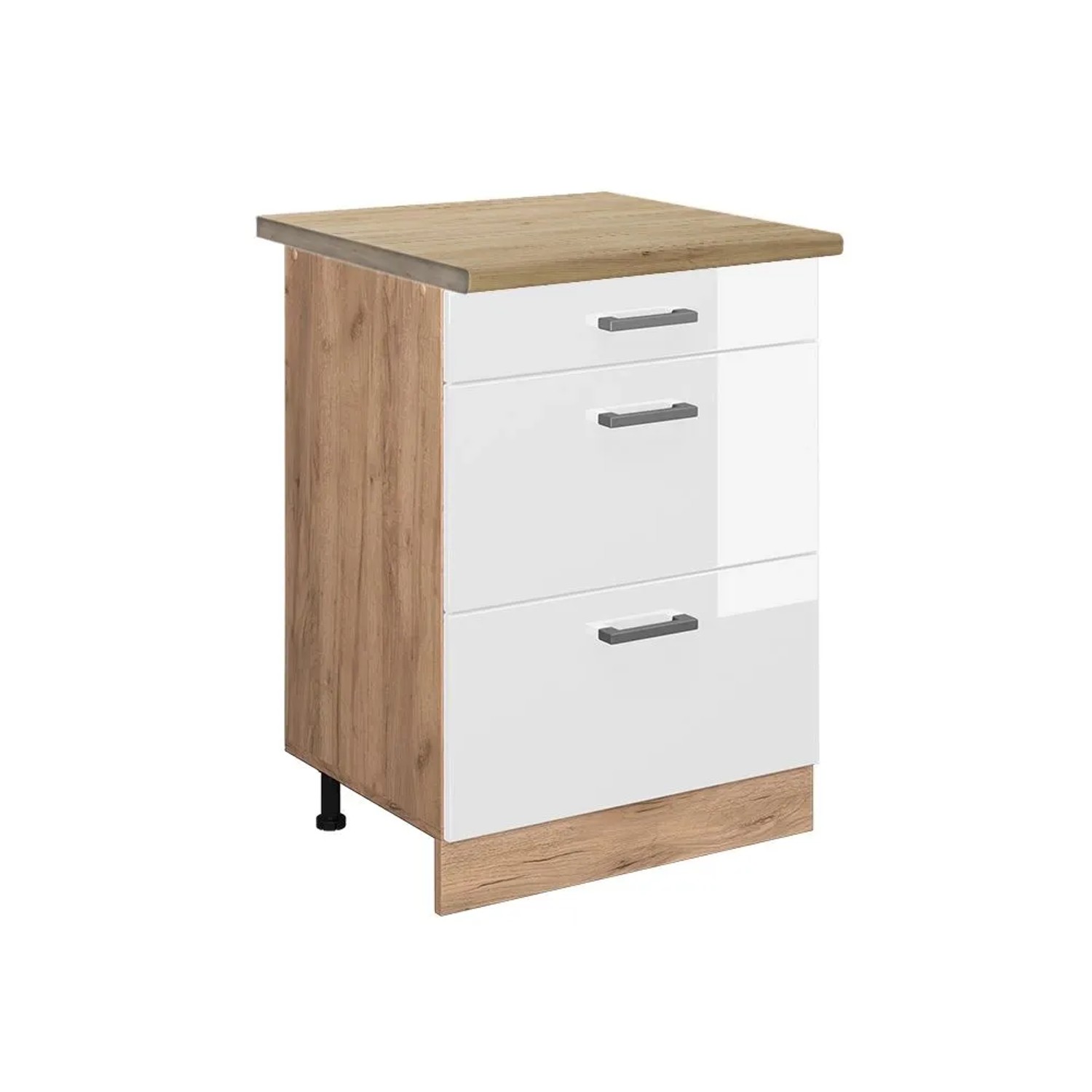 Vicco Küchenunterschrank R-Line Weiß Hochglanz Goldkraft Eiche 60 cm mit Schubladen AP Eiche
