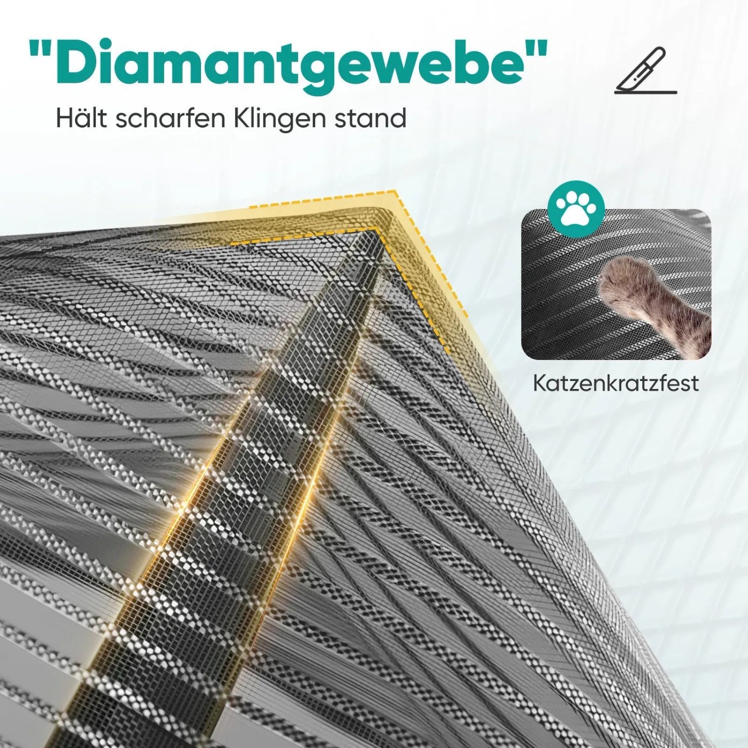 Nahaufnahme des schwarzen, katzensicheren Insektenschutz-Türvorhangs mit robustem Diamantgewebe, reißfest.