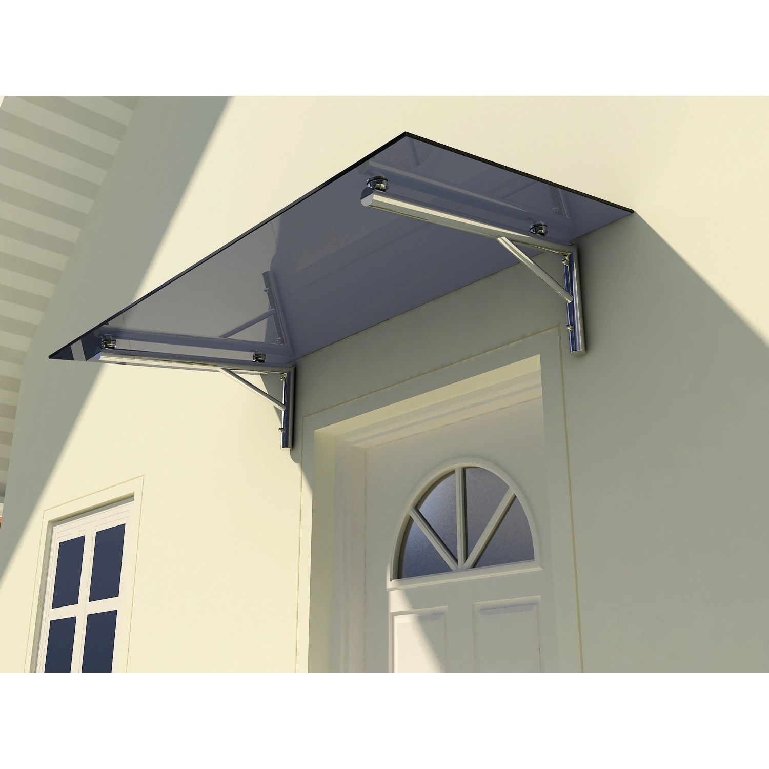 Graues Glasvordach Zugspitze 150x120 cm mit Edelstahlhalterung über einer Haustür.